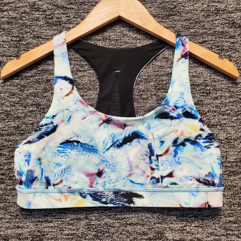 Lululemon Invigorate Sports Bra Women 10 Blue Watercolor Mesh Back Yoga Gym
